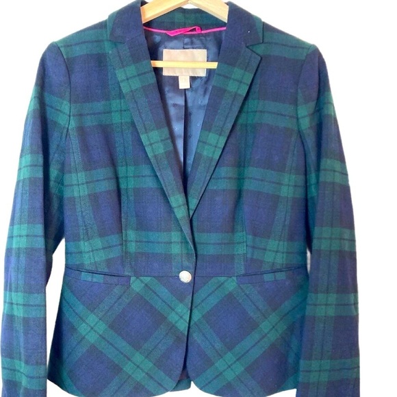 Banana Republic Plaid Cropped Blazer in Green & Navy Size 0 Petite - Picture 2 of 6